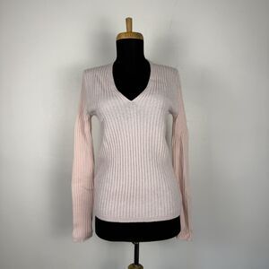 White + Warren 100% Cashmere Ribbed V-Neck Soft Sweater – Blush Pink, Small